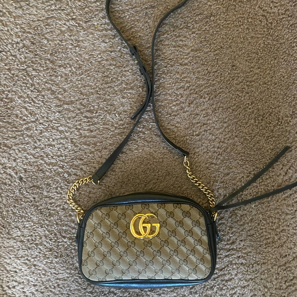 Gucci Beige and Black Crossbody with Gold Accents